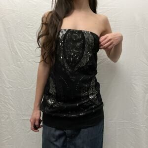 y2k vintage black lace silver sequin layered slouchy strapless tube top blouse